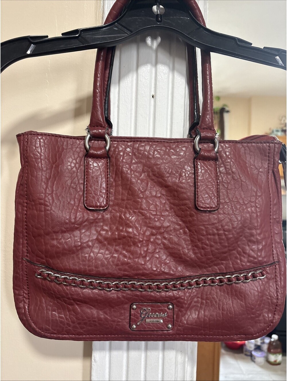 GUESS Women's Pebbled Vegan Leather Silver Tone Chain Y2K Burgundy Tote Purse